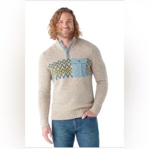 Smartwool Men's Beige Fair Isle Zip-Neck Sweater with Light Blue Chest Pocket